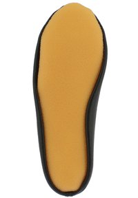 Semelle de chaussure noire avec une bordure extérieure lisse et un intérieur rembourré jaune doux pour le confort. La forme est contournée pour s'adapter à la plupart des types de chaussures.
