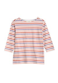 Randig långärmad topp med avbytliga band av korall, ljusrosa och lavendel mot en vit bakgrund; mjukt tyg och rundad halsringning.