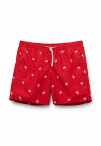 Rote Badehose aus leichtem Stoff mit wiederholtem weißen Krebs-Muster, elastischem Bund mit Kordelzug zur Anpassung.