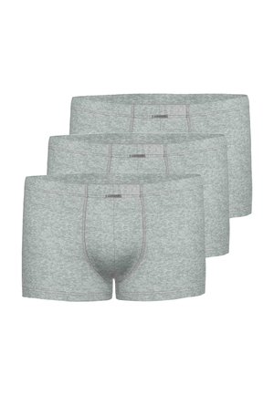 Drei Paare graue Boxershorts aus einem weichen, dehnbaren Material. Sie verfügen über eine konturierte Tasche, einen elastischen Bund und kontrastierende Nähte.