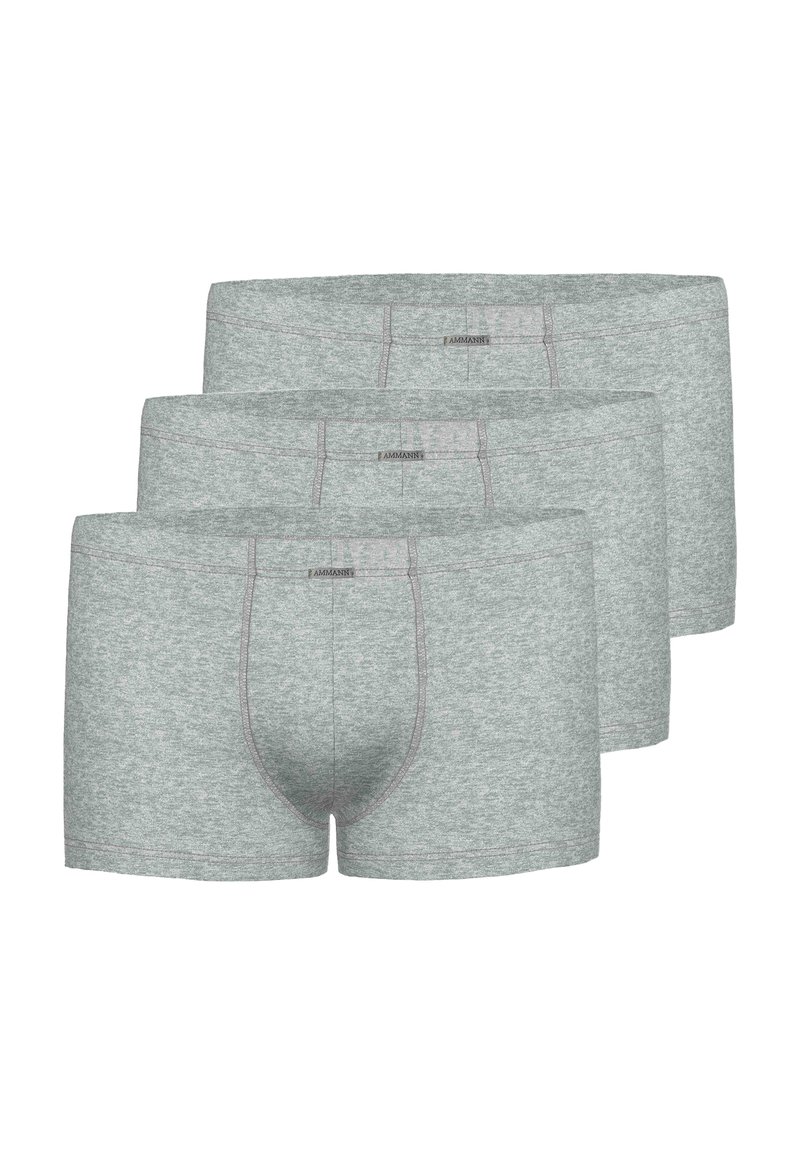 Tre paia di boxer grigi realizzati in un materiale morbido ed elastico. Presentano una tasca sagomata, un elastico in vita e dettagli di cucitura a contrasto.