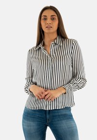 Camicia bianca con righe verticali blu navy, maniche lunghe e colletto, abbinata a jeans blu. Il tessuto sembra liscio e leggero.