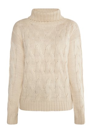 Light beige cable-knit sweater with a high, folded collar. Features long sleeves and a ribbed hem. Textured pattern throughout.