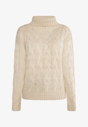 Világos bézs színű, kötött pulóver magas, hajtott gallérral. Hosszú ujjak és bordázott alj jellemzi. Az anyag felülete textúrázott mintázatú.