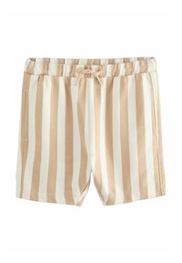 Shorts rayés beige et blancs en coton doux. Dotés d'une taille élastique avec cordon de serrage et de poches latérales.