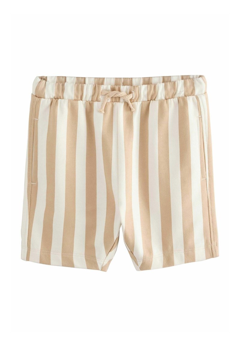 Shorts rayés beige et blancs en coton doux. Dotés d'une taille élastique avec cordon de serrage et de poches latérales.