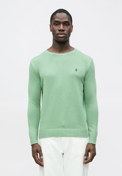 Grüner Strickpullover mit Rundhalsausschnitt, gerippten Bündchen und Saum. Mit kleinem marineblauem Logo auf der linken Brust. Wird über einer weißen Hose getragen.