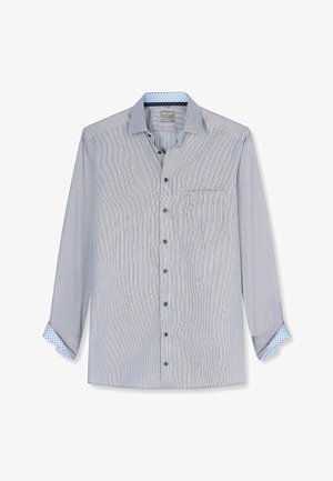 Hellblaues Herrenhemd mit langen Ärmeln, Knopfleiste, einer Brusttasche und gemustertem Innenfutter an Kragen und Manschetten.
