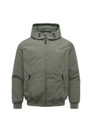 Olivgrüne Kapuzenjacke mit Frontreißverschluss, zwei seitlichen Reißverschlusstaschen, elastischen Bündchen und kleinem Logo auf der linken Brust.
