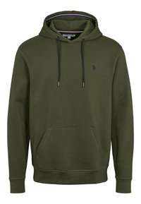 Olivengrønt hoodie lavet af bomuldsblanding. Har en front kangaroo-lomme, justerbar snørehætte samt ribbede manchetter og kant.