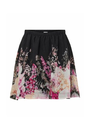 Gonna nera con vita elasticizzata, caratterizzata da una stampa floreale rosa, bianca e beige concentrata vicino all'orlo.
