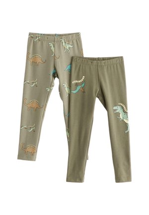Deux paires de leggings en coton vert avec divers motifs de dinosaures dans des couleurs comme le bleu et le marron. Ceintures élastiques ; une jambe affiche "Pteranodon" et "Tyrannosaurus."