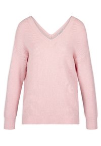 Pull en tricot rose avec un col en V, des manches longues et des poignets côtelés. La texture est douce avec un motif subtil sur toute la surface.