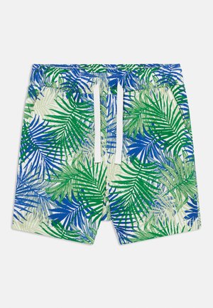 Ανδρικό μαγιό σορτς με μπλε, πράσινο και μπεζ τροπικό σχέδιο από φύλλα φοίνικα και λευκό κορδόνι στην μέση σε λευκό φόντο.