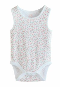 Valge varrukateta beebibody roosa ja rohelise lillemustriga. Omadused: ümar kaelus ja nööpidega kinnitus allosas.