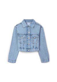 Giacca di jeans accorciata in azzurro chiaro, con colletto, chiusura a bottoni, due tasche frontali e dettagli ricamati sulle tasche.