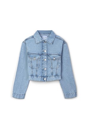 Kurze Denimjacke in Hellblau mit Kragen, Knopfverschluss, zwei Fronttaschen und bestickten Akzenten auf den Taschen.