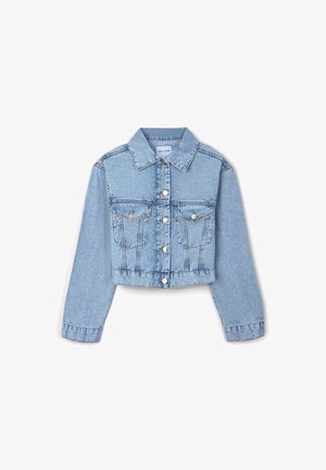 Kurze Denimjacke in Hellblau mit Kragen, Knopfverschluss, zwei Fronttaschen und bestickten Akzenten auf den Taschen.