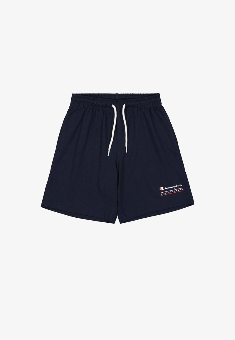 Pantaloni sportivi blu navy in cotone, con vita elastica e cordino, e un logo sul lato sinistro.