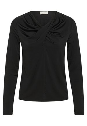 Sort langærmet top med draperet halsudskæring, lavet af et glat stof. Har en tætsiddende silhuet med indsamling detaljer ved brystet.