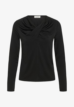Top nero a maniche lunghe con scollatura drappeggiata, realizzato in un tessuto liscio. Presenta una silhouette aderente con dettagli arricciati sul petto.