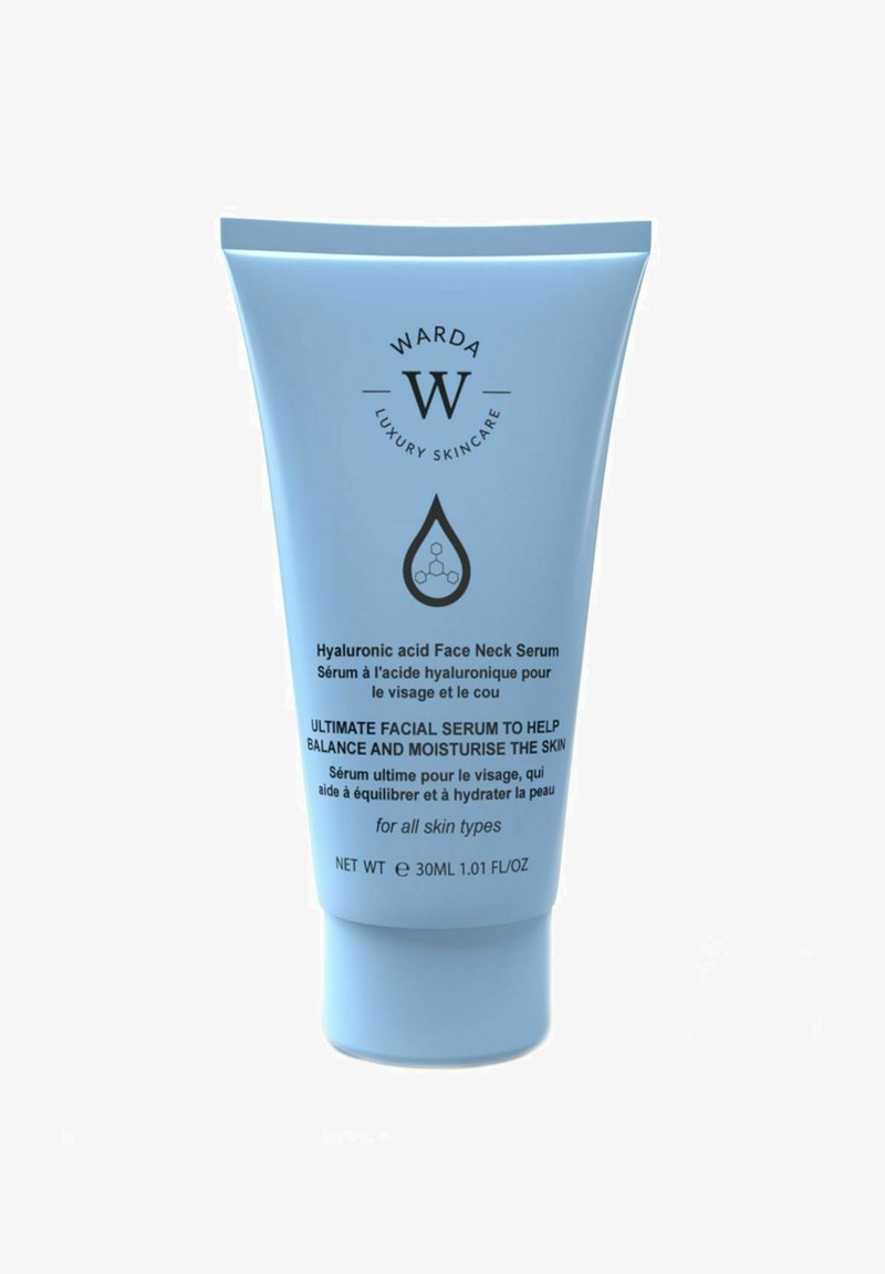 Niebieska tubka serum do twarzy i szyi Warda Luxury Skincare z kwasem hialuronowym, 30 ml, do nawilżania i balansowania wszystkich rodzajów skóry.
