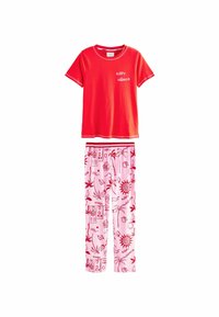 Red cotton t-shirt with white text "SLEEFY SEÑORITA" paired with pink pajama pants featuring red tropical patterns and motifs.