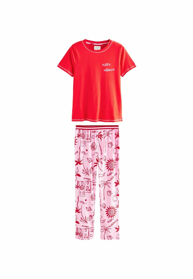 Red cotton t-shirt with white text "SLEEFY SEÑORITA" paired with pink pajama pants featuring red tropical patterns and motifs.