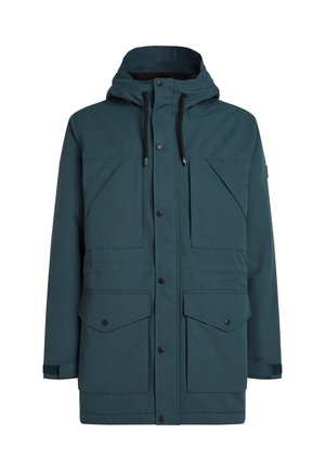 Veste parka teal avec capuche, boutons-pression à l'avant et deux grandes poches poitrine. Fabriquée à partir d'un matériau lisse et résistant à l'eau.
