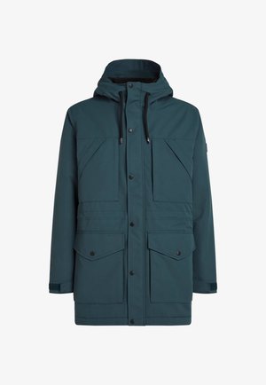 Veste parka teal avec capuche, boutons-pression à l'avant et deux grandes poches poitrine. Fabriquée à partir d'un matériau lisse et résistant à l'eau.