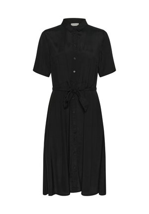 Melnas īsām piedurknēm krekla kleita, izgatavota no gludas auduma, ar pogu aizdari priekšā, apkakli un savilktu jostas vietu, kas ļauj piel�āgot fit.