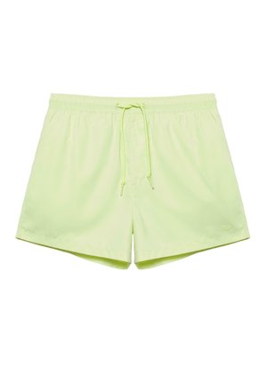 Short de bain homme vert clair avec taille élastique, cordon frontal et poches latérales, posé à plat sur un fond blanc.