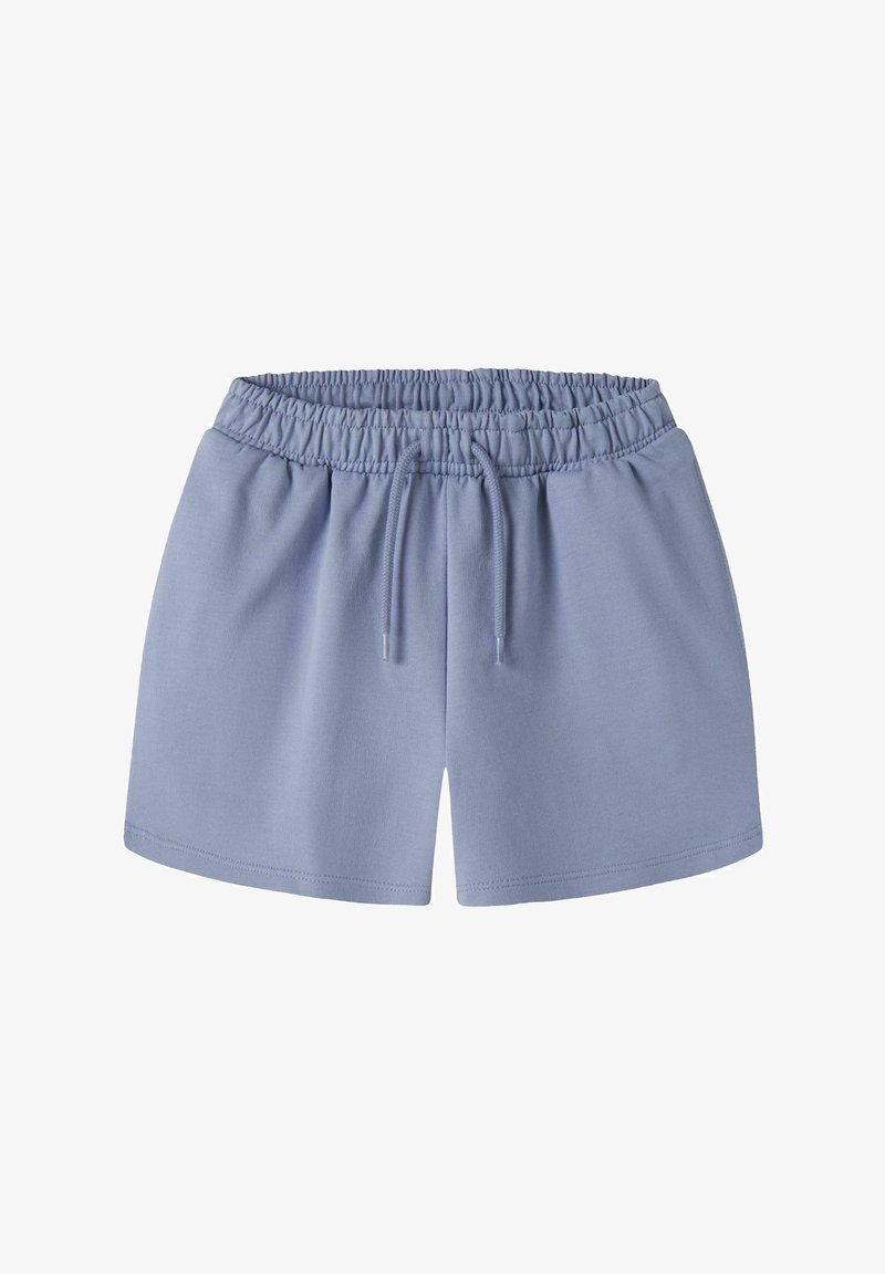 Hellblaue Baumwollshorts mit elastischem Bund und Kordelzug, geradem Saum und legerer Passform.
