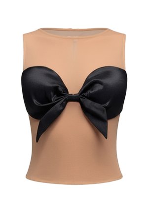 Czarny satynowy top bez ramiączek z dużą kokardą z przodu, z beżową siateczkową tkaniną na ciele i dopasowanym krojem. Ogólnie gładka faktura.