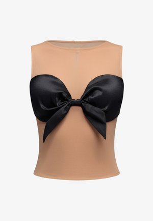 Haut bustier en satin noir avec un grand nœud à l'avant, présentant un corps en tissu résille nude et une coupe ajustée. Texture lisse dans l'ensemble.