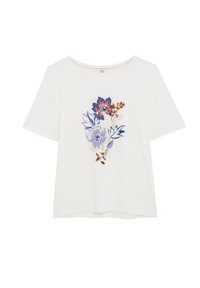 Weißes T-Shirt mit kurzen Ärmeln, das ein florales Design in Violett, Orange und Grün aufweist. Hergestellt aus weichem Stoff, mit lockerer Passform und rundem Ausschnitt.