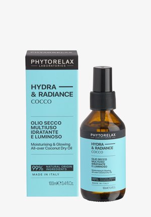 Phytorelax Hydra & Radiance kokos tør olie med sprayflaske og blå emballage, fugtgivende og glødende, 99 % naturlig, 100 ml, fremstillet i Italien.