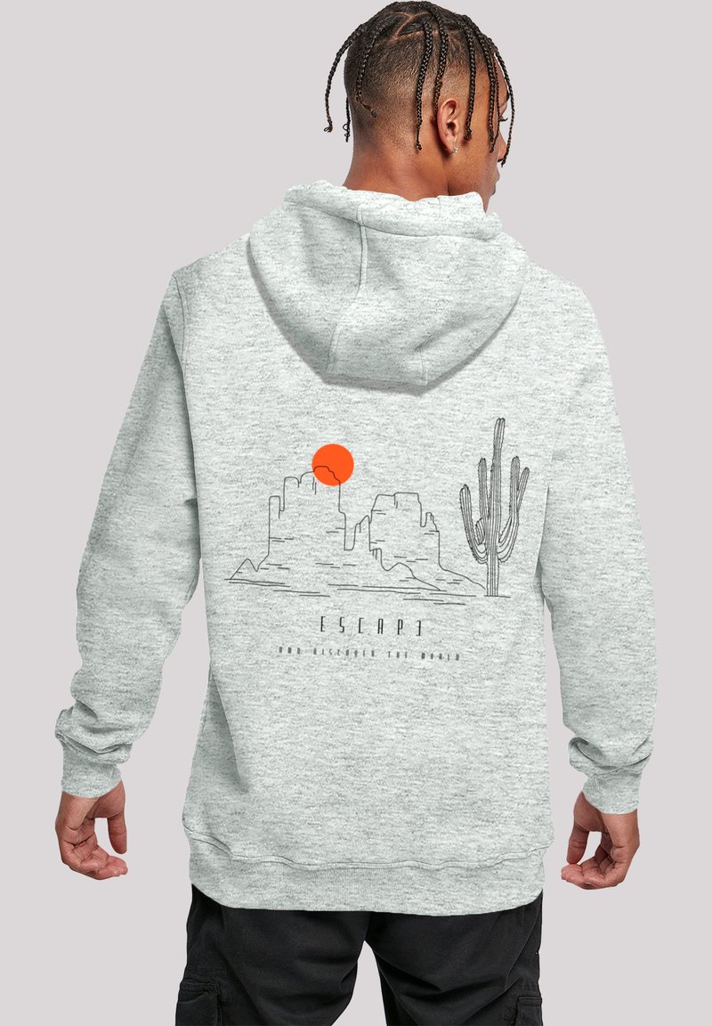 Gray hoodie featuring a back design with a landscape, cactus, and a red sun. Made from a soft, textured fabric with a drawstring hood.