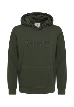 Sudadera con capucha de color verde oscuro, con un bolsillo tipo canguro, capucha ajustable con cordón y logo "Gabbiano" en relieve en la parte frontal. Material suave de mezcla de algodón.