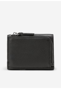 Portafoglio in pelle nera con superficie texture, dotato di un compartimento con zip, bordi cuciti e forma rettangolare. Design compatto.