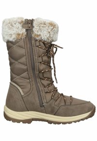 Stivaletto invernale marrone con colletto in pelliccia sintetica, design trapuntato, zip laterale e allacciatura frontale. Materiali testurizzati e suola in gomma.