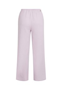 Gaiši violetas, plašām kājsaitēm bikses ar krokotā tekstūru un elastīgu jostasvietu. Aizmugurē ir neliels logotipa tags.