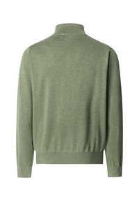 Jasnozielony sweter z długim rękawem, wysokim kołnierzem, ściągaczami na mankietach i dole, pokazany od tyłu na białym tle.