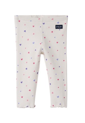 Ribbed leggings in cream, featuring a scattered pattern of pink and purple hearts. Elastic waistband with a small brand label on the side.