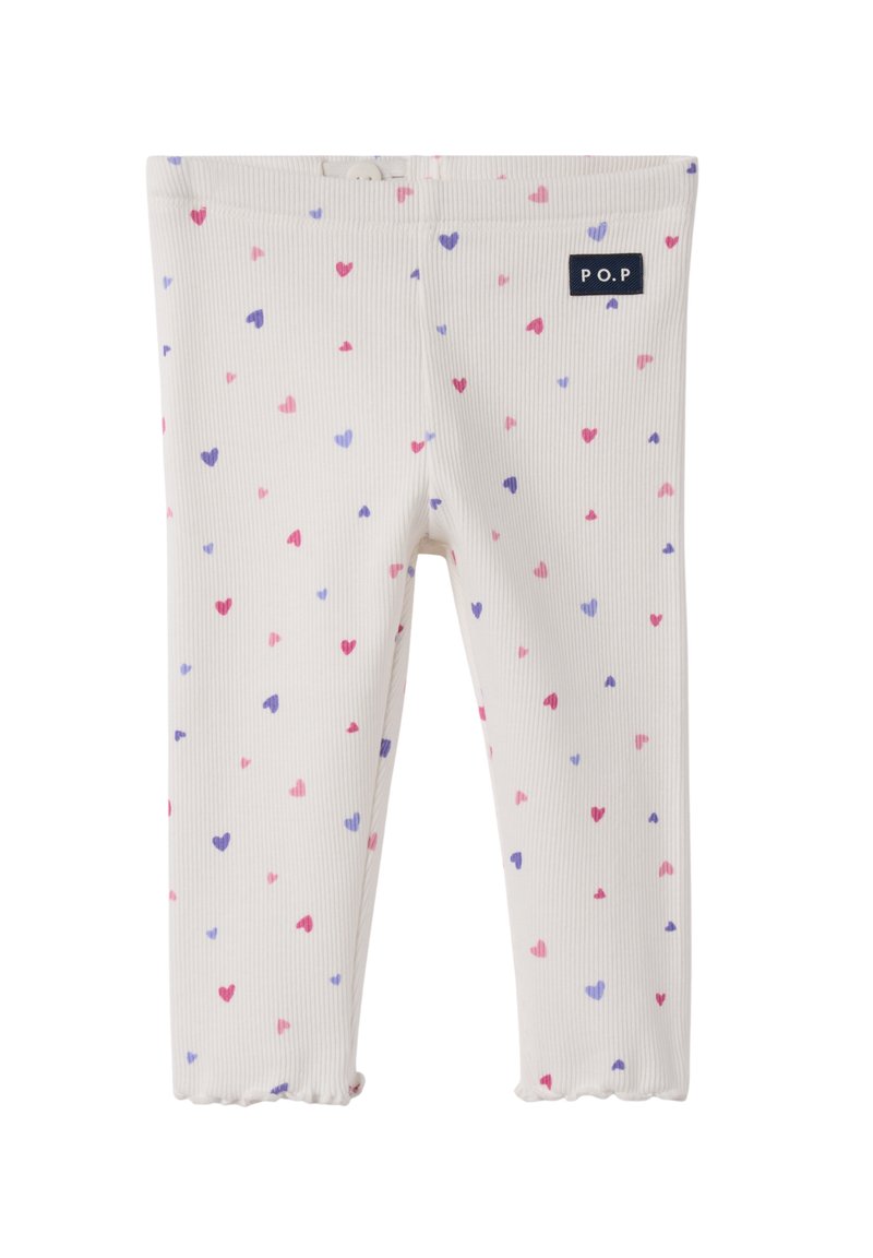 Ribbet leggings i creme med et spredt mønster af lyserøde og lilla hjerter. Elastisk talje med et lille mærkeskilt på siden.