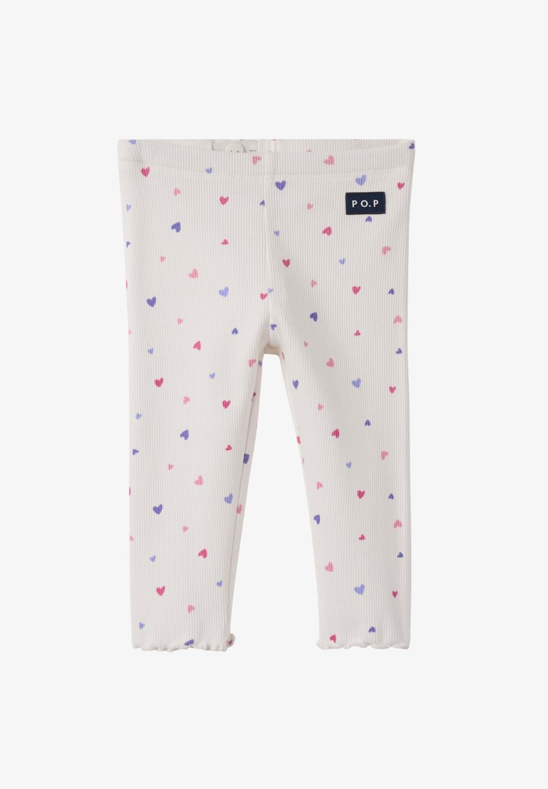 Ribbet leggings i creme med et spredt mønster af lyserøde og lilla hjerter. Elastisk talje med et lille mærkeskilt på siden.