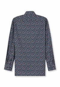Langärmliges Hemd mit navyblauem Hintergrund, das ein florales Muster in Rot, Weiß und Blau zeigt. Weicher Stoff mit einem Kragen-Ausschnitt.