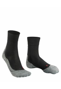 Chaussettes jusqu'à la cheville noires et grises avec un bord côtelé, un talon et un orteil renforcés, et un logo d'accent rouge sur le côté. Matériau en mélange synthétique durable.