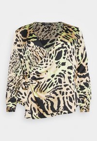 Wrap blouse med leopardprint i beige, grøn og sort. Lavet af glat stof med lange ærmer og en bindedetalje i siden.