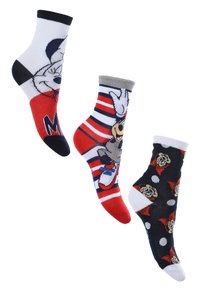 Tre paia di calzini multicolori: uno con un personaggio dei cartoni animati, uno a strisce e uno con pois e un motivo di personaggio.